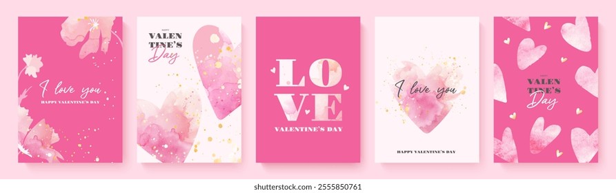 Set of beautiful Valentine's Day cards. Watercolor hearts, flowers and golden splashes. Romantic design templates for February 14 or wedding invitations. Elegant vector illustrations