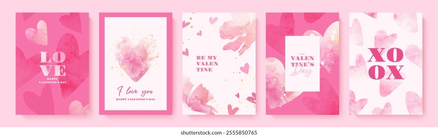 Set of beautiful Valentine's Day cards. Watercolor hearts, flowers and golden splashes. Romantic design templates for February 14 or wedding invitations. Elegant vector illustrations