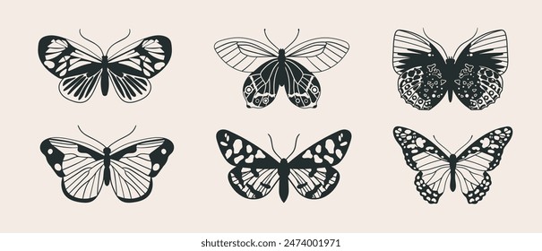 Set of beautiful and varied butterflies. Collection of vintage hand drawn illustrations of moths, top view. Graceful monochrome exotic insects with wings and antennae.	
