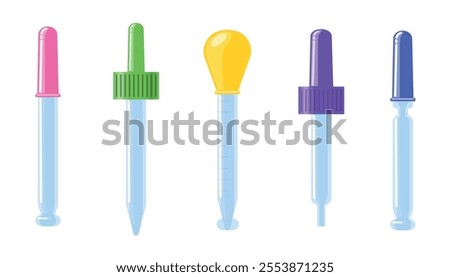  Set of beautiful various pipettes in cartoon style.Vector illustration of colored pipettes: pink, green, yellow, purple, blue, isolated on white background. Medical pipettes, chemical experiments.