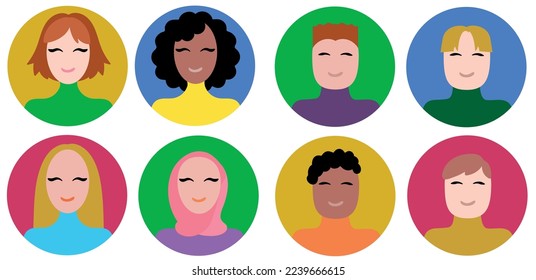 Set of beautiful vector avatars. People of different skin colors.