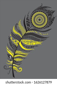 set of beautiful vector bird feathers decorated with patterns for design in pastel colors and gold color 