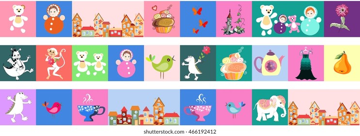 Set of beautiful vector border. Patchwork for children. Bright pattern with toys, cake, castle, monkey, crocodile, dragon, birds, teapot, cups, town, flowers, dress, butterflies and elephant.