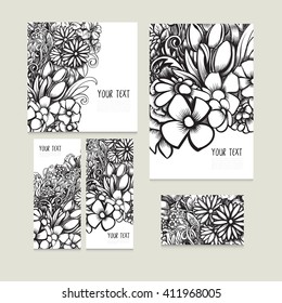 Set of beautiful vector cards with monochrome floral background for design project. Template for backdrops, booklet, wallpaper, background, CD cover, book cover. Illustration with text area