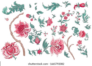 Set of beautiful vector decorative porcelain flowers