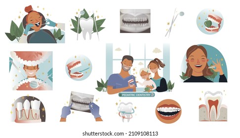 Set of beautiful vector dentist icons. Dentist treats teeth to the patient, pediatric dentist, healthy teeth, braces, aligners, implant, jaw x-ray. Cartoon, isolated on white background.