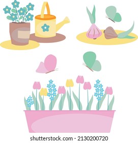A set of beautiful vector elements related to the spring garden: flower pots, watering can, flower bulbs, butterflies, blooming spring flowers.