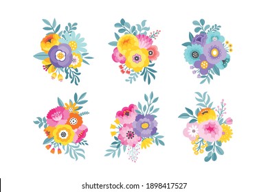 Set of beautiful vector flower arrangements. Colorful floral bouquet decorations. Spring ornaments. Spring floral decoration. Isolated botanical graphics. 