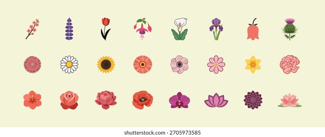 Conjunto de hermosos íconos de flores de Vector en estilo de diseño plano, con varias especies. Perfecto para primavera, naturaleza, jardinería y temas botánicos. Aislado sobre un fondo neutro.