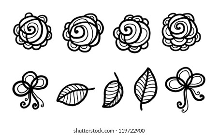 set of beautiful vector flowers with leaves and bows, simple cartoon style