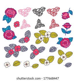 set of beautiful vector flowers with leaves, simple cartoon style