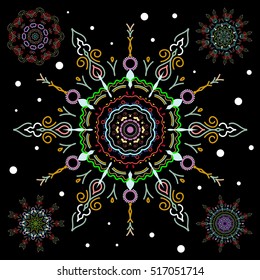 Set of beautiful vector green and yellow snowflakes isolated on a black background. Snowflakes, snowfall. Falling Christmas stylized snowflakes. Doodles.