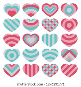 Set of beautiful vector isolated colorful valentines hearts on white background. Elements for graphic design. Valentine's Day and weddings romantic theme.