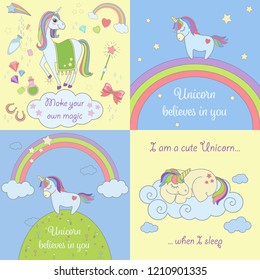 Set of beautiful vector unicorns illustrations with clouds, rainbows, stars, magic tools.