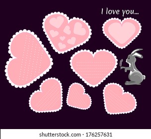 Set of the beautiful vector valentines cards with cute bunny for the 14th February