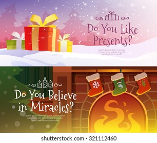 Set of beautiful vector web banners on the theme: Christmas, New year, Winter holidays. Presents, family, Santa, winter. Evening by the fireplace. Christmas Sale, Shopping. Modern flat style.