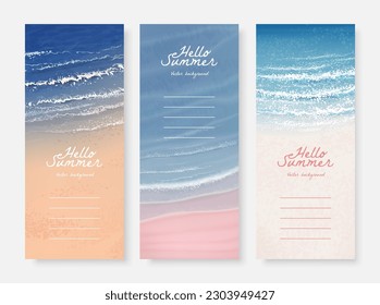 Conjunto de hermosos diseños de banners verticales con playa de verano de arena realista. Conjunto de paisaje natural de fondo. Ilustración del vector