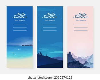 Set of beautiful vertical banner design template with sandy summer beach, night sky and mountains. Set of nature landscape background. Vector illustration