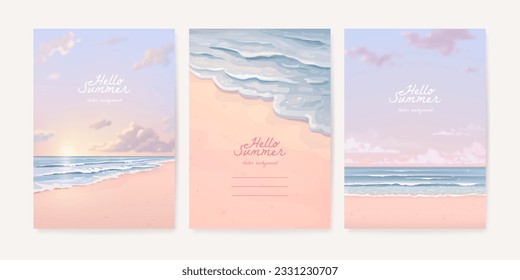 Set of beautiful vertical banner, poster or card design template with sandy summer beach and sea waves. Set of nature landscape background. Vector illustration