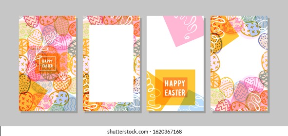 Set of beautiful vertical easter patterns for social networks. Colorful easter cards with eggs and place for text. Vector illustration