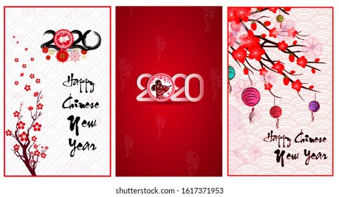 Set of Beautiful and vibrant, colorful Chinese new year background with traditional cherry blossom flower, lanterns. Best for greetings card, notebook cover, mobile wallpaper. High resolution pattern.