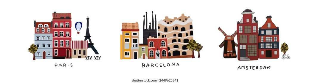 Set von wunderschönen Vintage-farbenen Gebäuden verschiedener Städte, Paris, Barcelona und Amsterdam, Vektorgrafik-Reise-Illustration, detaillierte Denkmäler Silhouette