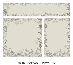 Set of beautiful vintage frames with butterflies. hand drawing. Not AI, Vector illustration.