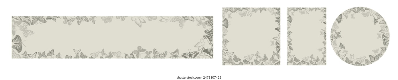 Set of beautiful vintage frames with butterflies. hand drawing. Not AI, Vector illustration.