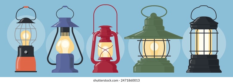 Set of beautiful vintage oil lamps, kerosene lamps in cartoon style. Vector illustration of antique colored oil lamps of different types and shapes for room lighting isolated on a blue background.