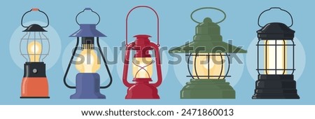 Set of beautiful vintage oil lamps, kerosene lamps in cartoon style. Vector illustration of antique colored oil lamps of different types and shapes for room lighting isolated on a blue background.