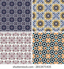 Set of beautiful vintage seamless patterns. Overlapping art forms, stripes, polygons, segments are grouped and arranged in a certain order. Vector. 
