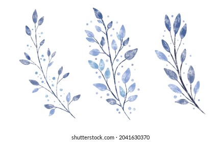 Set of beautiful vintage watercolor textured vector branch with blue leaves and dots. Winter wreath plant element. Floral foliage design artistic botany clip art collection