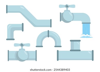 Set of beautiful water pipes, taps in cartoon style. Vector illustration of pipes of different shapes and sizes, with water flow, safety taps isolated on white background. Water supply system.