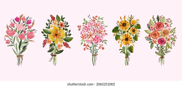 Set of Beautiful watercolor bouquets of soft pink and yellow sunflowers roses and leaves arrangement