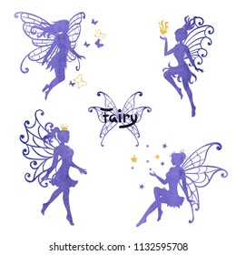 Set of beautiful watercolor fairy isolated on white. Vector illustration.