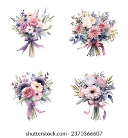 Set of beautiful watercolor flower bouquets, flower arrangements or summer flower bouquets. Can be used for invitations, greetings, and wedding cards