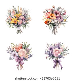 Set of beautiful watercolor flower bouquets, flower arrangements or summer flower bouquets. Can be used for invitations, greetings, and wedding cards