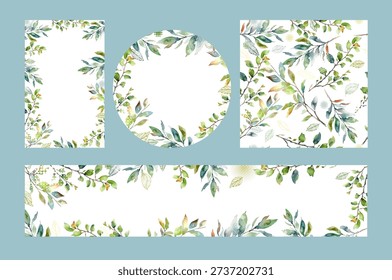 A set of beautiful watercolor frames with spring green branches. Hand drawn. Not AI, vector illustration
