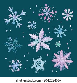 Set of beautiful watercolor winter snowflakes 