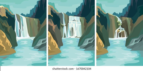 Set of beautiful waterfall landscapes. Vector illustrations in cartoon style.