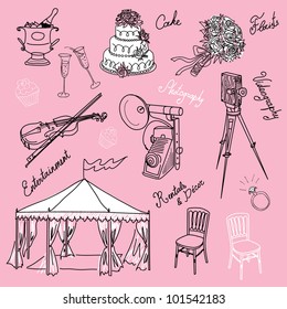 Set of beautiful wedding doodles. Everything that you need for a wedding organizer