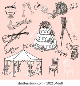 Set of beautiful wedding doodles. Everything that you need for a wedding organizer