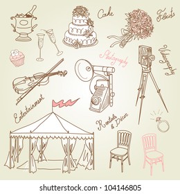 Set of beautiful wedding doodles. Everything that you need for a wedding organizer