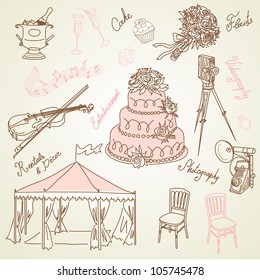 Set of beautiful wedding doodles. Everything that you need for a wedding organizer