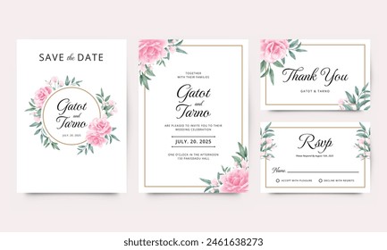 Set of beautiful wedding invitation card template with watercolor roses and green leaves