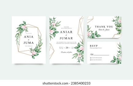 Set of beautiful wedding invitation templates with pink flowers and watercolor leaves