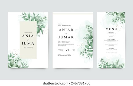 Set of beautiful wedding invitation templates with watercolor green leaves