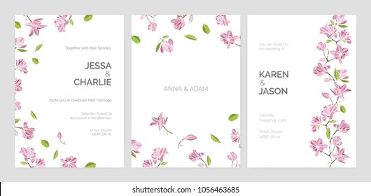 Set of beautiful wedding party invitation templates decorated with pink blooming magnolia flowers. Bundle of cards with floral decorative elements and place for text. Elegant vector illustration.