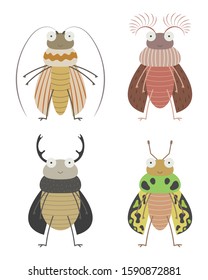 Set of beautiful weird beetles vector cartoon isolated on white background. Cucumber, Feather horn, Rhinoceros, and Jewel beetles vector cartoon. 