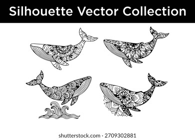 Set of beautiful whale silhouettes featuring intricate mandala and swirl patterns, ideal for various creative designs.